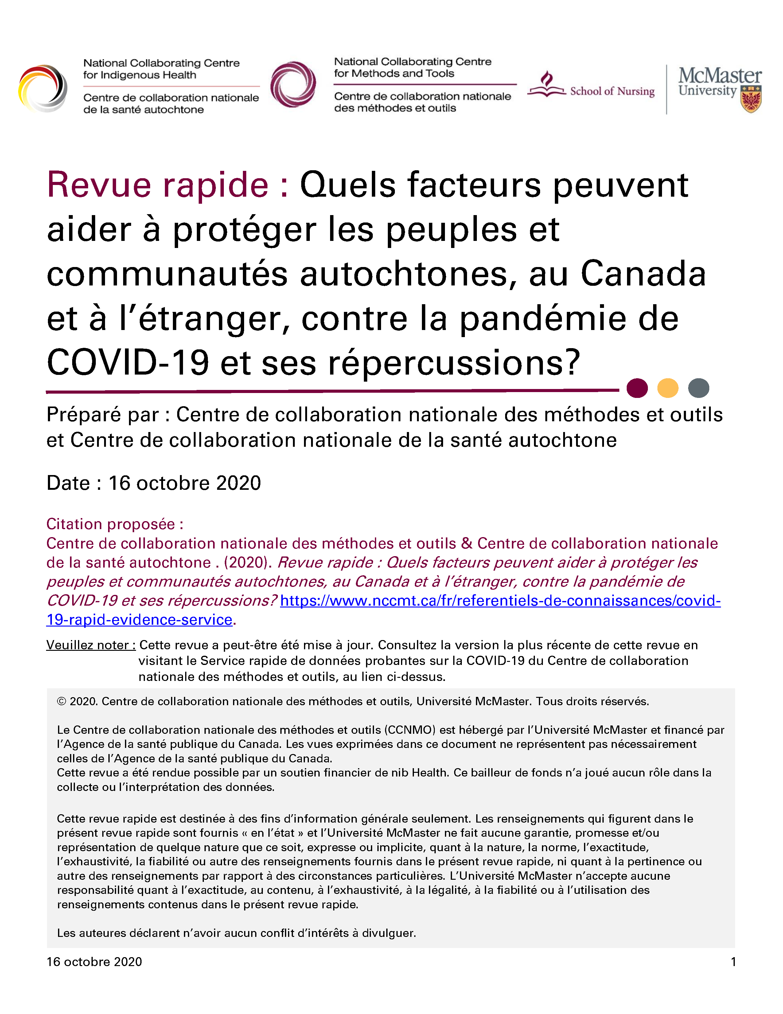Quels facteurs peuvent aider à protéger les peuples et communautés autochtones, au Canada et à l’étranger, contre la pandémie de COVID-19 et ses répercussions?