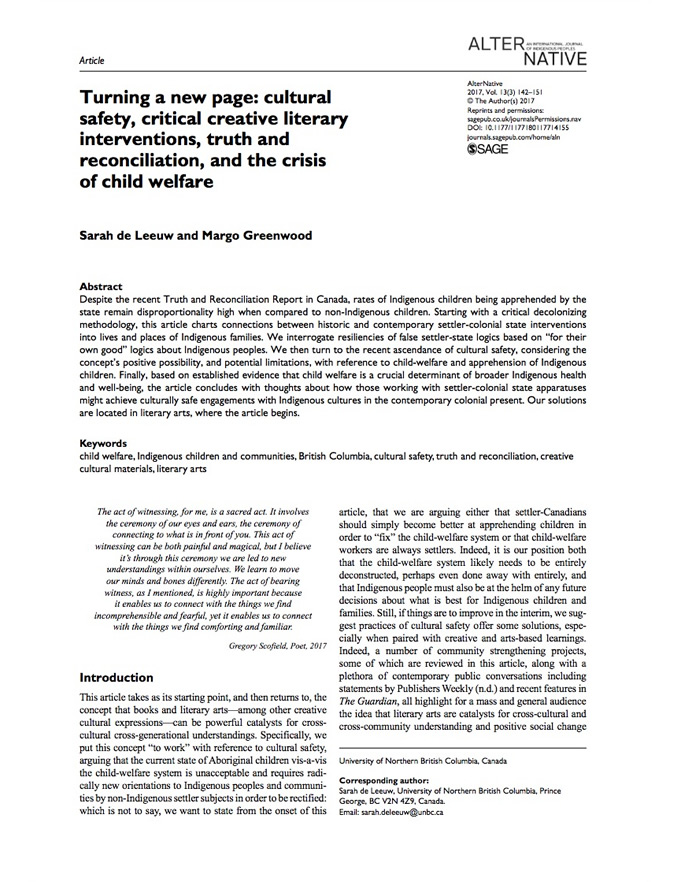 Turning a new page: cultural safety, critical creative literary interventions, truth and reconciliation, and the crisis of child welfare