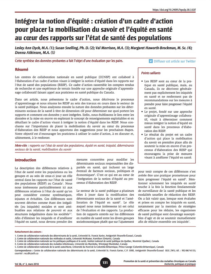 Intégrer la notion d’équité : création d’un cadre d’action pour placer la mobilisation du savoir et l’équité en santé au coeur des rapports sur l’état de santé des populations