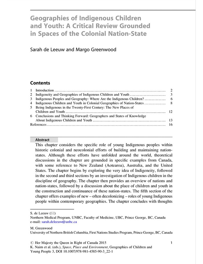 Geographies of Indigenous children and youth: A critical review grounded in spaces of the colonial nation-state