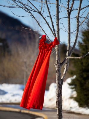 Une robe rouge suspendue dans un arbre à fin de souligner la Journée de la robe rouge